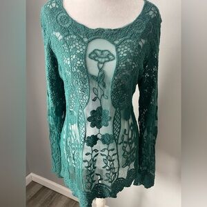 Vintage Style Green Crochet & Embroidered Blouse Festival Hippie Lightweight